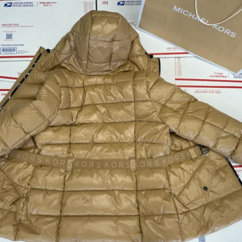 Michael Kors Dark Camel MK Puffer Jacket Belted Designer Coat S - 3X - Picture 3 of 15